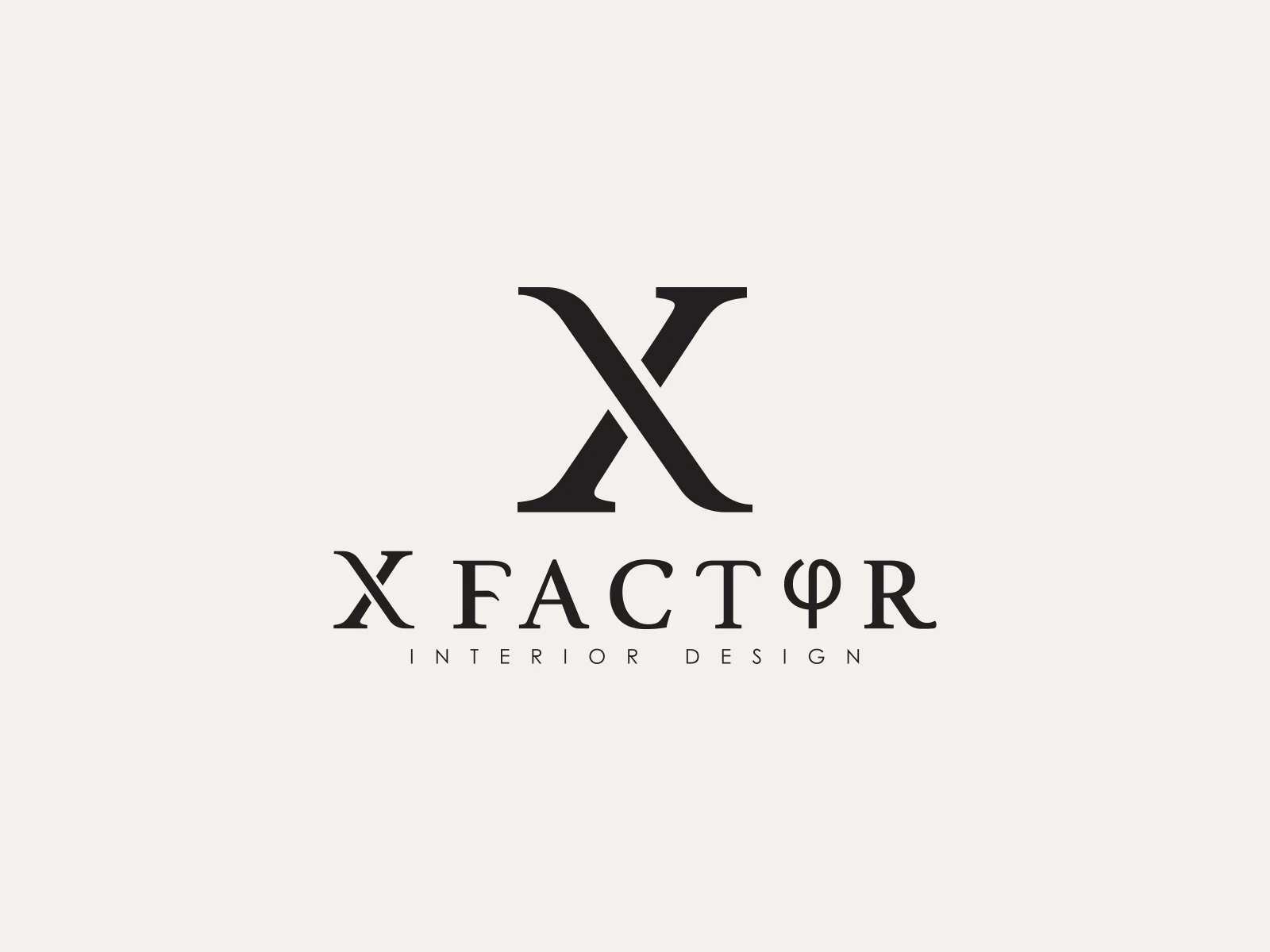 X Factor Interior Design vertical logo on a warm-stone brand identity cover.